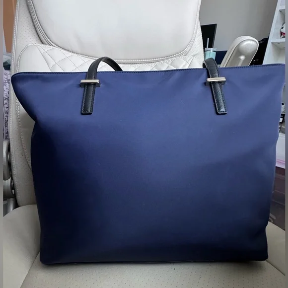 Kate Spade New York Navy Blue Nylon Tote Work Bag Zip Top Black Leather Handles - Picture 6 of 11